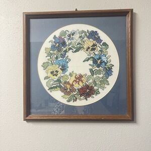 Framed And Matted Cross Stitch Pansy Wreath Vintage Wall Hanging Cottagecore